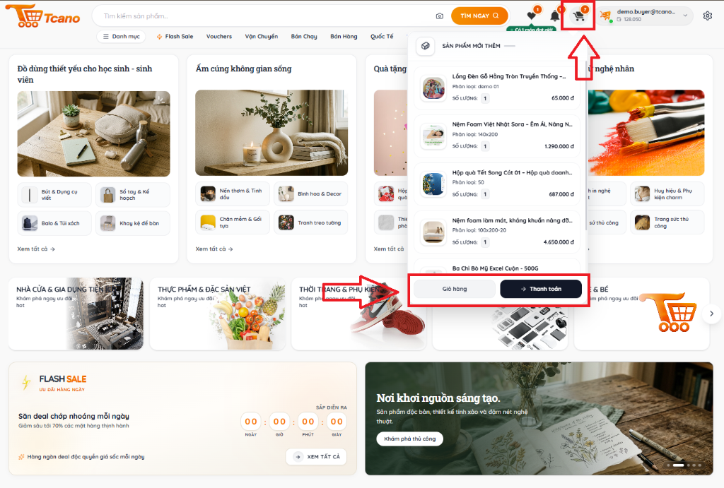 Bảng xem nhanh giỏ hàng từ thanh Header: Kiểm tra sản phẩm và bấm nút Giỏ hàng / Thanh toán