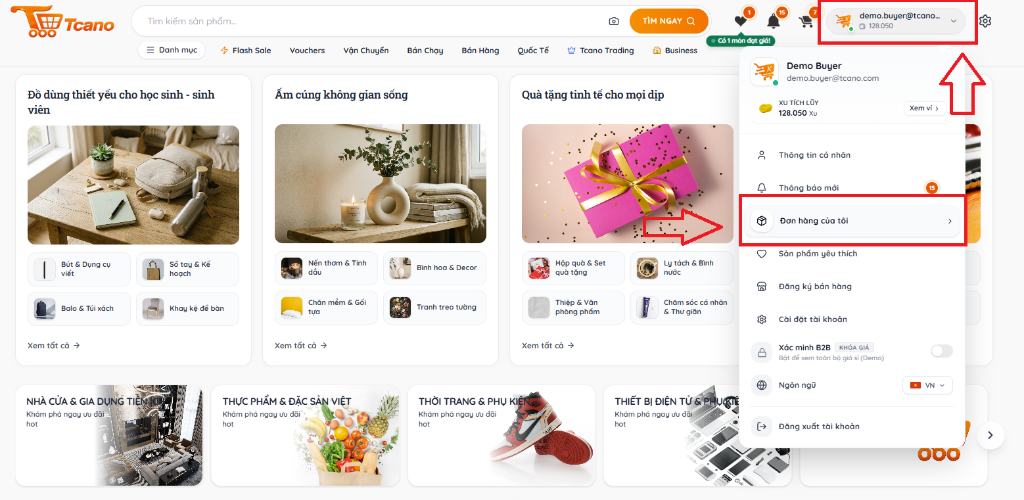 Mở menu tài khoản trên thanh Header và chọn 'Đơn hàng của tôi' để truy cập danh sách đơn